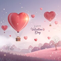 Happy Valentine&rsquo;s Day Romantic Heart Illustration with Love Balloons and Ribbon Banner