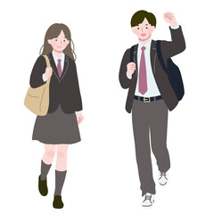 バッグを持った高校生 男女 制服  全身 フラットイラスト