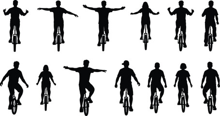 Large set of unicycle rider silhouettes, people riding unicycles with arms outstretched for balance, circus performer activities, flat vector illustration © Hello World