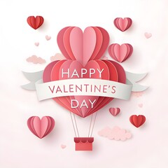 Happy Valentine&rsquo;s Day Romantic Heart Illustration with Love Balloons and Ribbon Banner