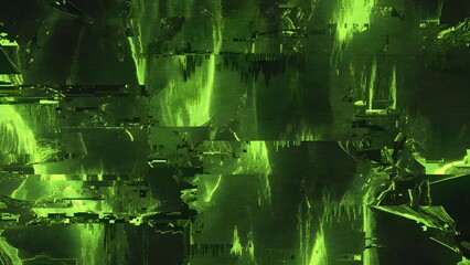 Abstract digital glitch art with vibrant green neon streaks and distorted patterns