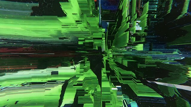 Abstract green digital cityscape, pixel sorting effect with glitch art, futuristic and immersive