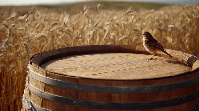 small bird perches dry wooden barrel lid sunny golden wheat barley grain field summer farmland setting