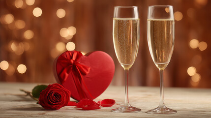 Romantic champagne glasses with red roses and heart gift