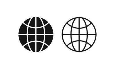 Pair of solid and outline globe icons, minimalist world grid symbols for global network and internet vector design