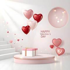 Happy Valentine&rsquo;s Day Romantic Heart Illustration with Love Balloons and Ribbon Banner