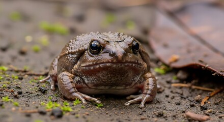 Close-up of a Brown Frog on Muddy Ground with Focused Eyes.