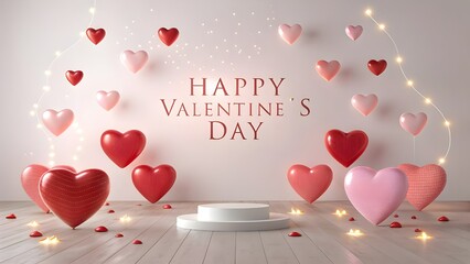 Happy Valentine&rsquo;s Day Romantic Heart Illustration with Love Balloons and Ribbon Banner