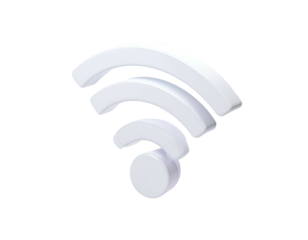 Stylized, white wifi symbol radiating three arcs, against black backdrop