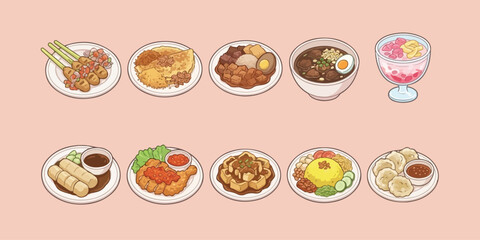 Delicious Indonesian Food and Drink Assortment Illustration