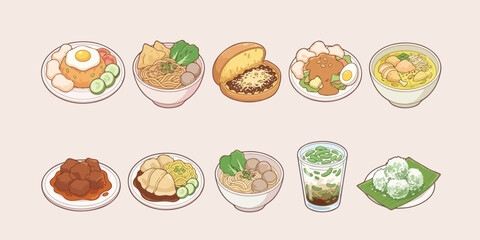 Delicious Indonesian Cuisine Illustrations Set
