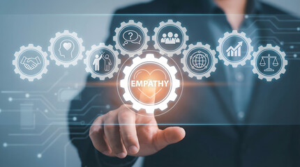 Business professional touching glowing empathy gear on abstract digital interface with soc