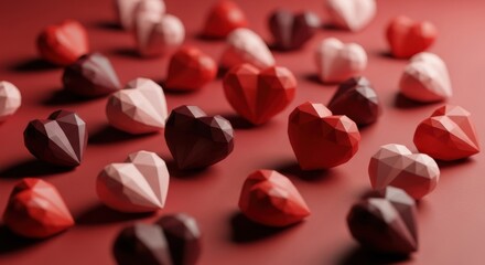 Geometric low-poly hearts scattered on red background, abstract love and passion concept
