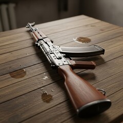 AK-47 Assault Rifle on Wooden Table - A Detailed Still Life.