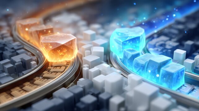 Futuristic 3D illustration of parallel tracks transporting fiery orange and icy blue energy blocks above a stylized cityscape, perfect for tech, innovation, or data contrast concepts.