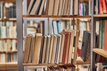 Many book shelves in a library