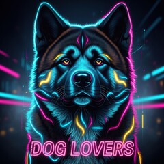 Akita dog portrait with neon lights and DOG LOVERS text.