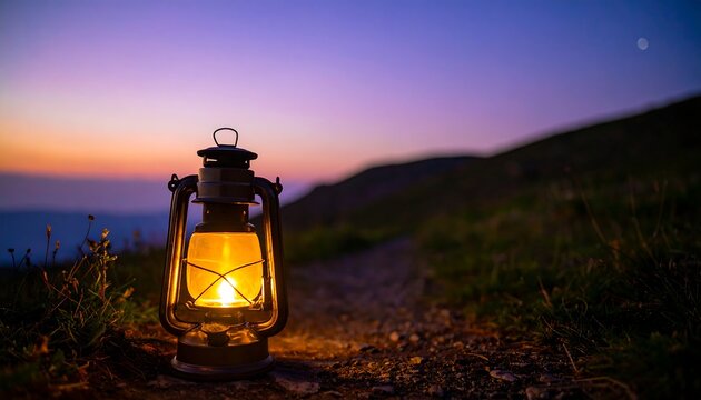 Vintage lantern glowing on a path during a beautiful twilight sunset