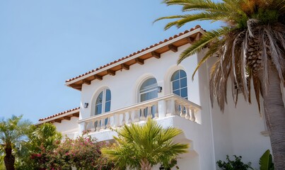 Fototapeta premium A Mediterranean-style house, white stucco walls, arched windows, terracotta roof tiles