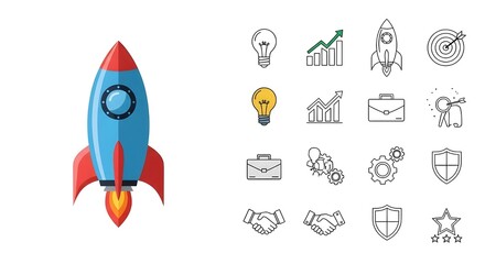 Isolated Vector Colorful Business Startup Rocket Icon and Minimal Line Business Icons Set