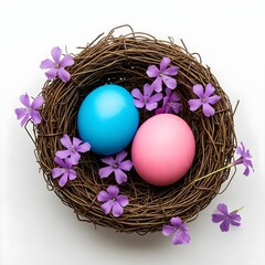 Fototapeta premium Easter eggs in a bird's nest with purple flowers