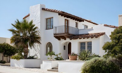 Fototapeta premium A Mediterranean-style house, white stucco walls, arched windows, terracotta roof tiles