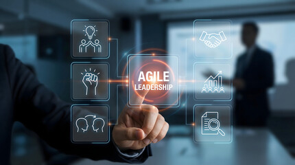 Businessman interacting with futuristic interface showing agile leadership concepts in a m