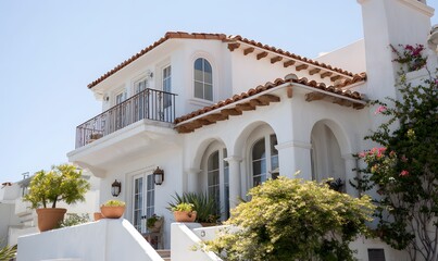 A Mediterranean-style house, white stucco walls, arched windows, terracotta roof tiles