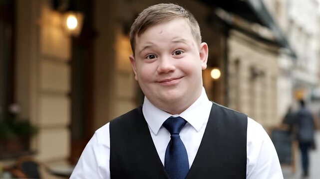 Young man in a formal outfit smiles towards the camera, with a restaurant background