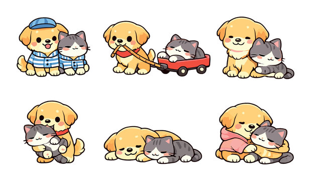 Adorable cartoon puppy and kitten duo in various cute scenarios