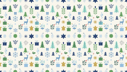 Seamless Nordic winter holiday pattern with trees reindeer snowflakes and gifts Festive background © Adobe Contributor
