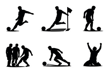 Silhouettes of soccer players performing various actions in motion
