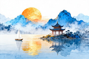 Obraz premium Traditional Chinese Ink Wash Painting of Lake and Pagoda