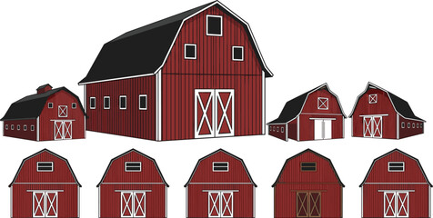 Vector illustration of ten red barns with white trim, showcasing diverse architectural styles, roof shapes, and door-window configurations © Amina
