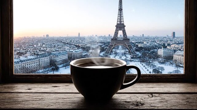 Steaming coffee in a mug sits on a wooden windowsill overlooking a snowy cityscape