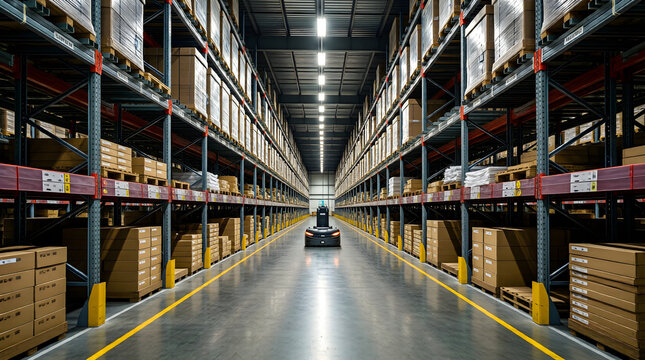 Advanced Automated Warehouse Aisle: AI-Powered AMR and Symmetrical Leading Lines for Optimized Logistics and Efficient Supply Chain Management