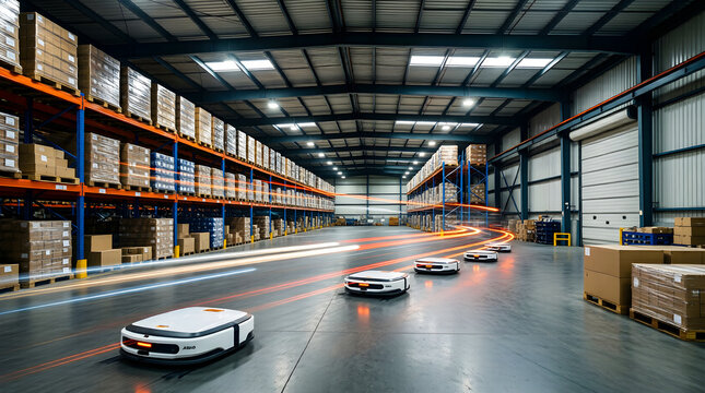 High-Efficiency Warehouse: Time-Lapse Concept of AI-Powered AMR Fleet Movement for Optimized Logistics and Supply Chain Throughput