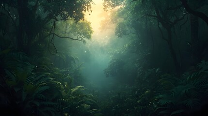 Obraz premium Mystical Rainforest Canopy with Ethereal Sunlight and Morning Mist