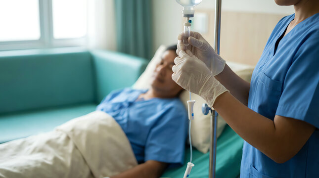 A healthcare professional adjusts an IV drip for a patient lying in a hospital bed, highlighting medical care and treatment in a clinical setting