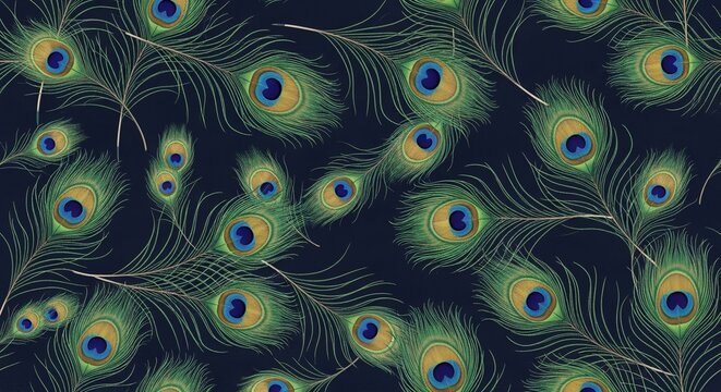 A close-up illustration of peacock feathers on a dark blue background, showcasing vibrant iridescent colors and intricate eye patterns