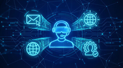 Blue holographic digital icons depict a customer support agent surrounded by email, globe, user verification, and network symbols on a dark futuristic tech background