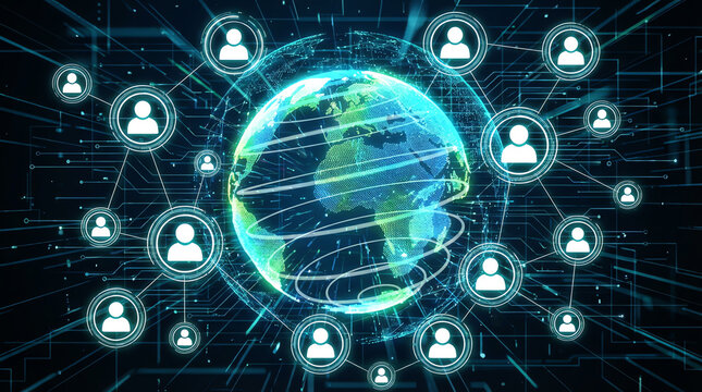 Digital globe with network connections representing global communication, social networking, and interconnected people across continents in a futuristic, technology-driven environment