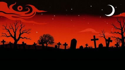 Naklejka premium Spooky halloween night cemetery scene with crescent moon and fiery red sky