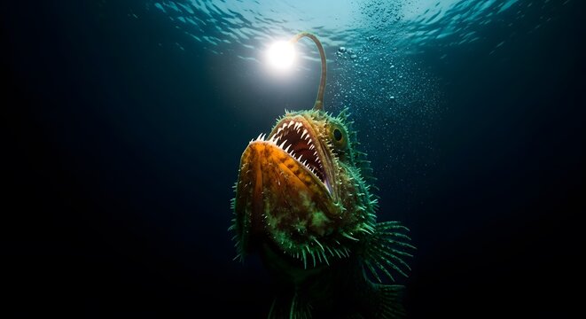 Fierce anglerfish with sharp teeth lurking in dark ocean depths