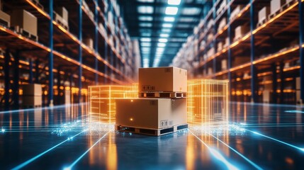 Digital tracking system enhances inventory management in warehouse with pallets of cardboard boxes