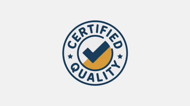 Certified Quality Badge with Checkmark in Blue and Yellow on Circular Background in Simple Design for Business Assurance