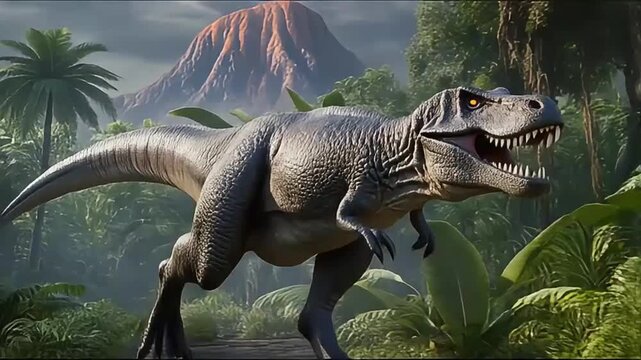 Majestic Tyrannosaurus Rex Roaming Prehistoric Jungle with Volcano Background.
