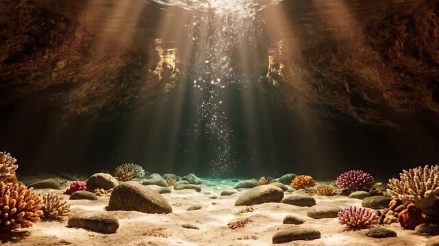 Underwater cavern illuminated by sunbeams, teeming with coral and marine life, a serene seascape