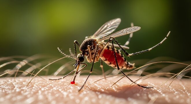 Close-up of a mosquito sucking blood on human skin.
