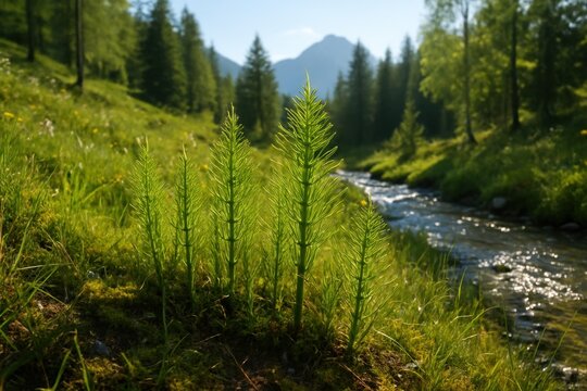 horsetail plants (Equisetum arvense) growing in a lush mountain meadow beside a clear alpine stream, illuminated by warm sunlight and surrounded by grasses, moss, and distant fir trees.